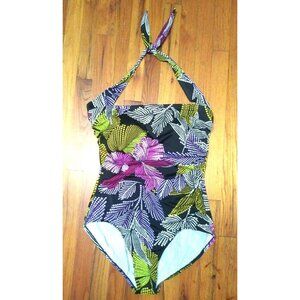 Catalina One-Piece Swimsuit Sz 18 dotted floral leaf pattern halter neck tie EUC
